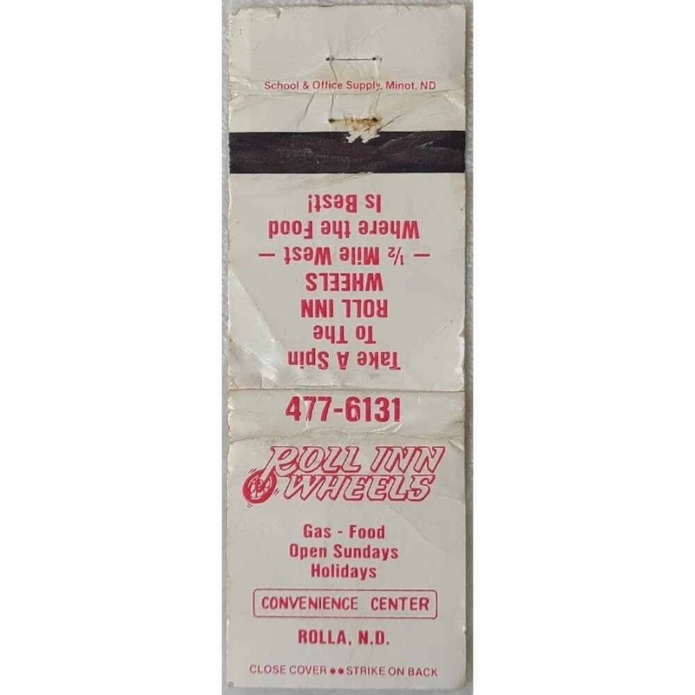 Matchbook Cover Roll Inn Wheels Convenience Center Rolla North Dakota ND